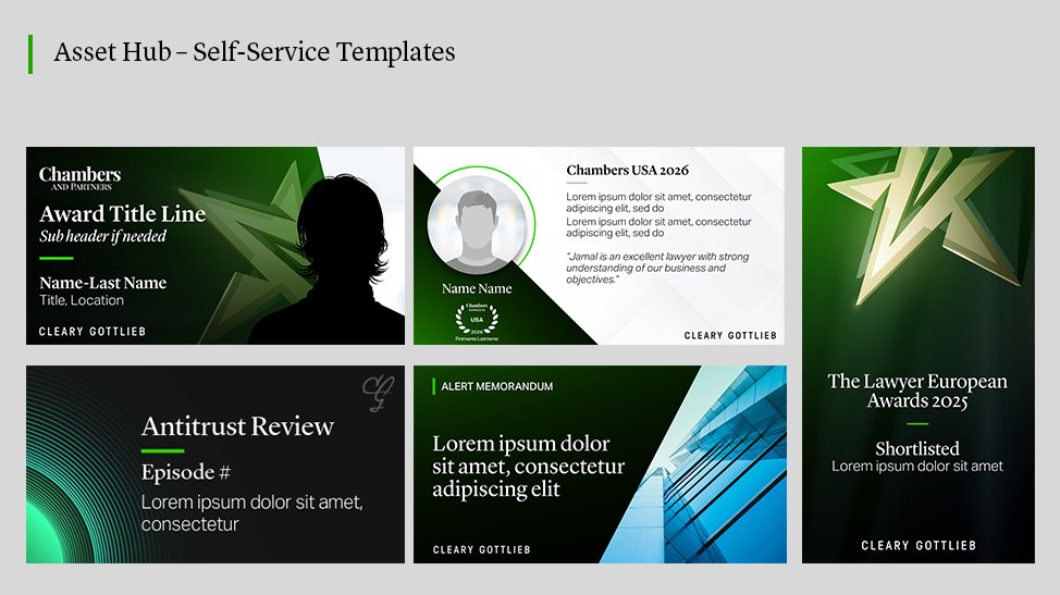 Cleary Gottlieb Asset Hub, self-serve Adobe Express template project